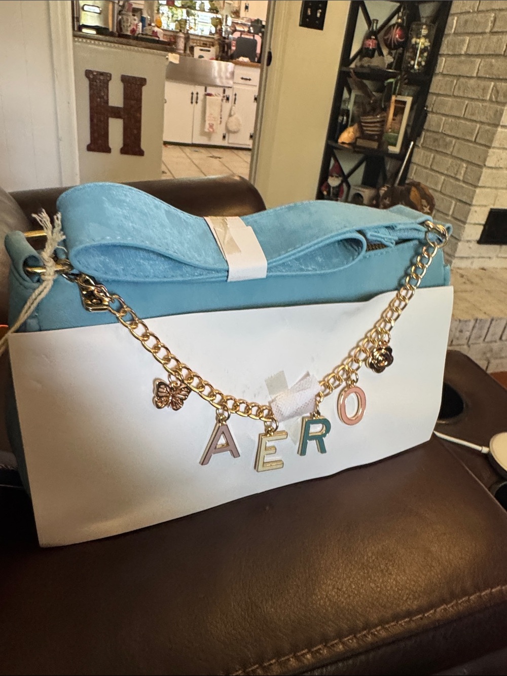 Aeropostale Pastel Blue Shoulder Bag with Gold Chain Charm